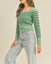 Stripe Pointelle Scallop Hem Sweater