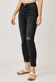 Mid Rise Destructed Taper Stretch Jeans