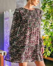 Ruffle Shoulder Floral Pintuck Dress