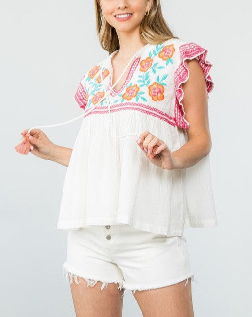 Embroidered Bib Tassel Tie Top