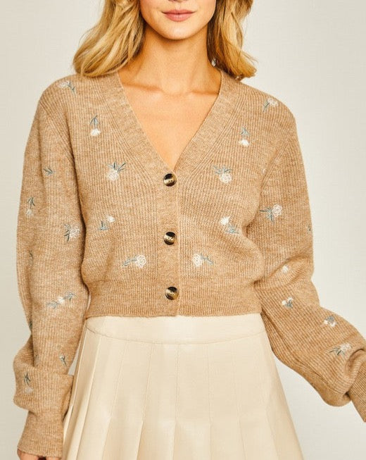 Floral Embroidered Puff Slv Sweater