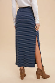 Stripe Stretch Knit Split Midi Skirt