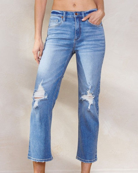 High Rise Destruct Knee St Leg Crop Jean