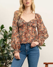 Fall Floral Sweetheart Neck Top