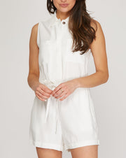 Button Front Woven Romper w/Pockets