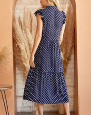 Polka Dot Ruffle Shoulder Midi Dress