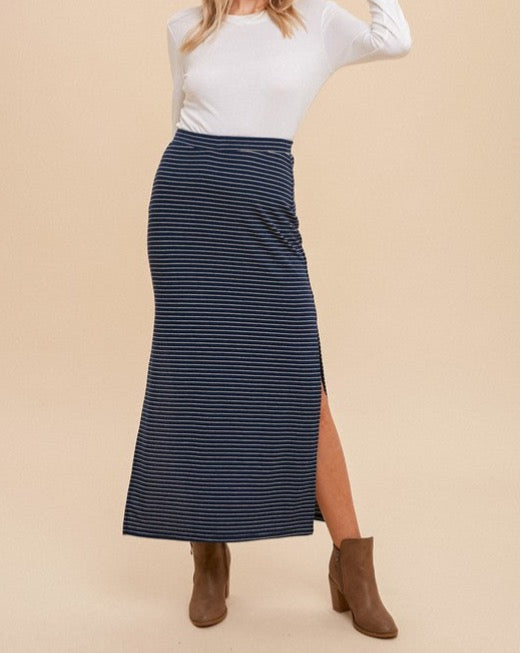 Stripe Stretch Knit Split Midi Skirt