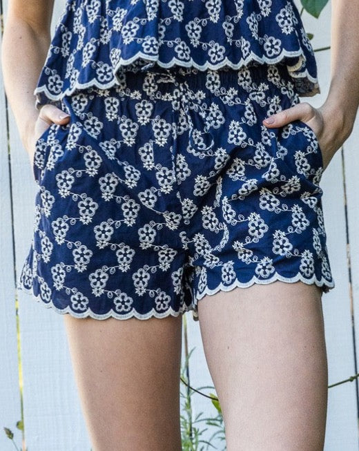 Embroidered Scallop Hem Shorts