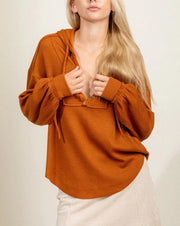 Hooded Rib Knit 1/2 Button Top