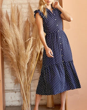 Polka Dot Ruffle Shoulder Midi Dress