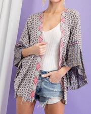 Mixed Print Ruffle Sleeve Kimono