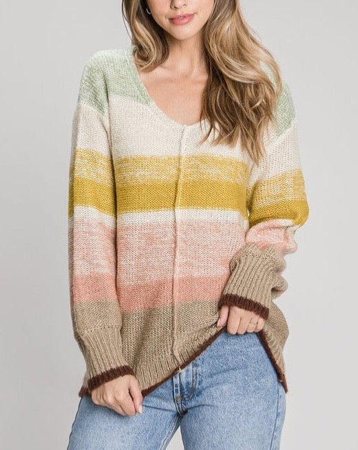 Seamed Stripe V-Neck Sweater