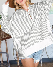 Boxy Stripe Button Front Sweatshirt Hoodie